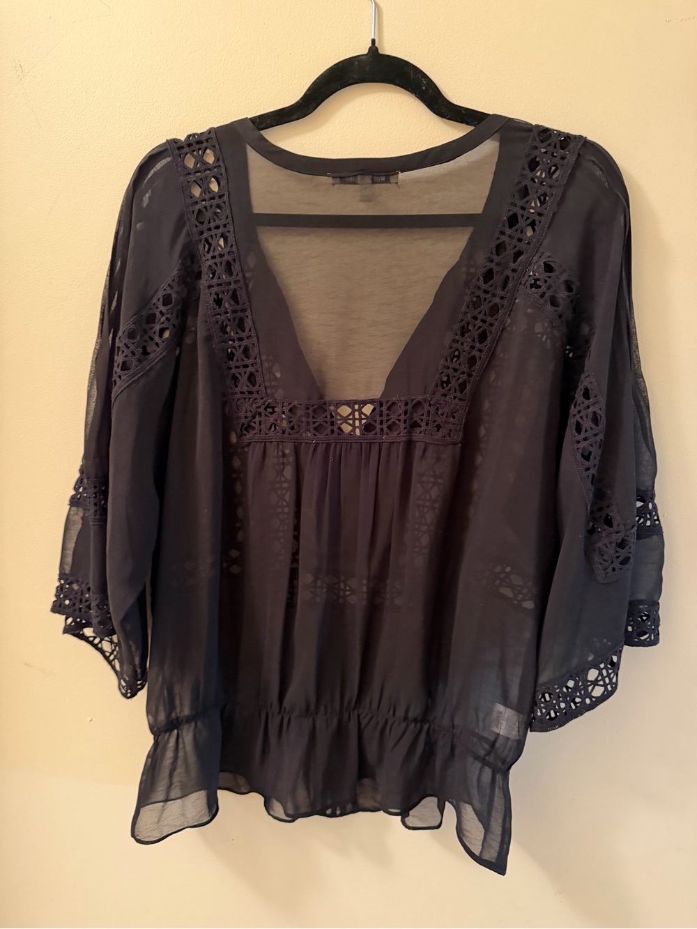 Daniel Rainn Black Lace Trim Sheer Boho Blouse Medium - Picture 2 of 8
